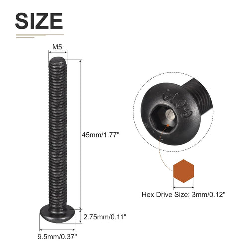 M5-0.8x45mm Button Head Socket Cap Screws - 100Pack - Good for Machine - Carbon Steel Black Oxide - Hex Drive Full Thread Fasteners
