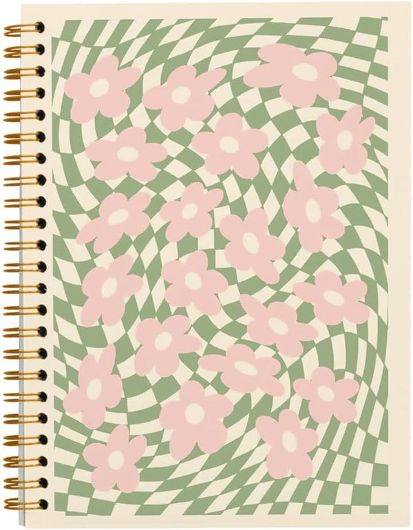 Retro 70s Pink Flower Sage Green Distorted Checkered Lined Hardcover Spiral Notebook Journal, 5.5×8.3 Inch