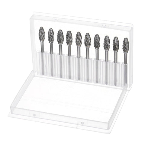 10pcs Carbide Rotary Burrs: 1/8" (3mm) Shank 1/4" (6mm) Head Double Cut Flame H Shape Die Grinder Bits