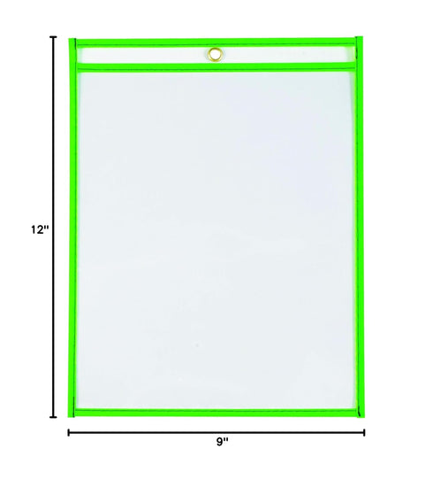 BOX USA Neon Stitched Job Ticket Holders, Clear with Neon Green Edging, 9 x 12", Case of 15, Reusable Vinyl