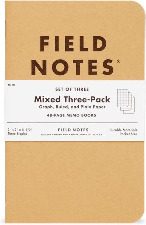 Field Notes Original Kraft 3-Pack, Mixed Paper Memo Books (1 Graph/Grid, 1 Ruled/Lined, 1 Plain/Blank)