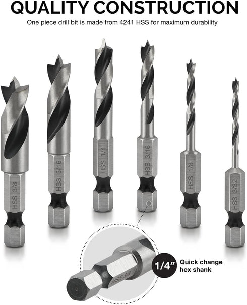 NEIKO 11401A 6 Piece Brad Point Drill Bit Set, Stubby for Wood, 1/4" Quick Change Hex Shank