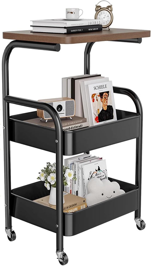 Mamba Travel 3-Tier Rolling Kitchen Cart - 30in Lightweight Storage Cart with Solid Wood