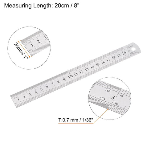 2Pcs Stainless Steel Ruler 20cm/8" Length x 1/36" Thick x 1" Wide Inch and Metric Straight Edge Measuring Tools for Woodworking Painting Craft, Silver Tone