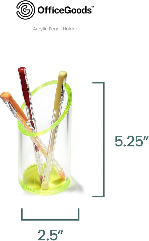 OfficeGoods Acrylic Pen & Pencil Holder - Modern Desk Organizer with Contrasting Base & Rim, Neon Green