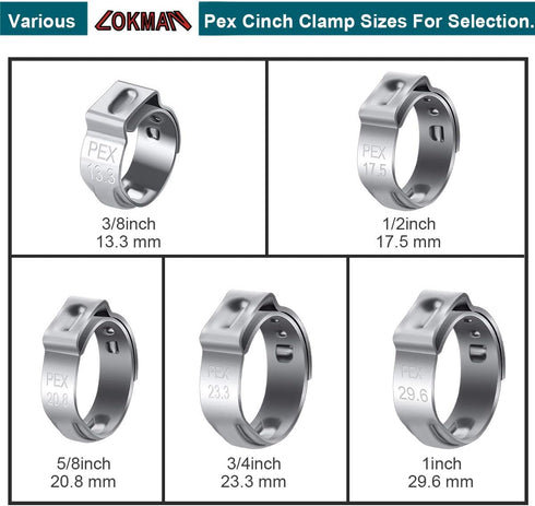 LOKMAN 50 Pack 3/4 Inch PEX Cinch Clamps - Stainless Steel Crimp Rings for PEX Tubing Pipe Fitting