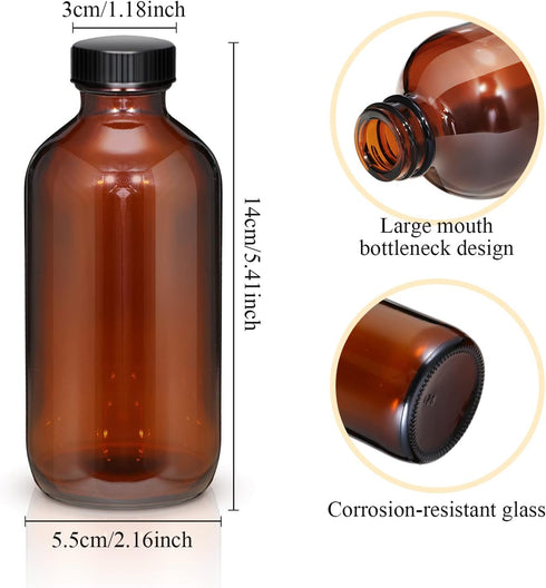 Nuenen 16 Pack 8 oz Amber Boston Round Glass Bottles with Black Poly Cone Cap for Homemade Vanilla Extract Essential