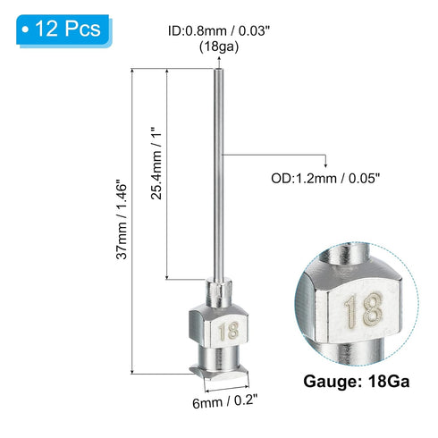 PATIKIL 18Ga x 1 Inch Stainless Steel Dispensing Needle Tips, 12Pcs Metal Glue Needle Tube Blunt Tips Luer Lock for Thick Glue Ink Lab, Silver