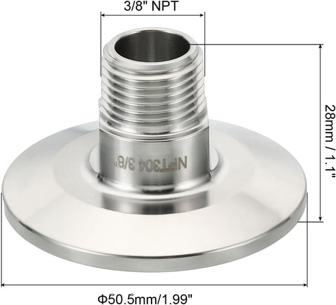 1.5 Inch 3/8" 304 50.5mm PATIKIL TC Tri Clamps Adaptor, Tri-Clover Fittings to NPT Male Sanitary Thread Adaptor