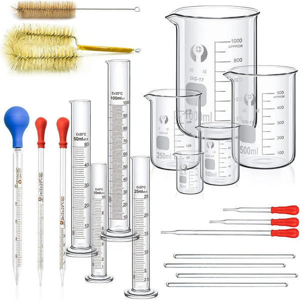 Lab Glassware Set, 5pcs Thick Glass Graduated Beaker, 4pcs Glass Measuring Cylinder, Pipettes, Stirring Rods, Cleaning