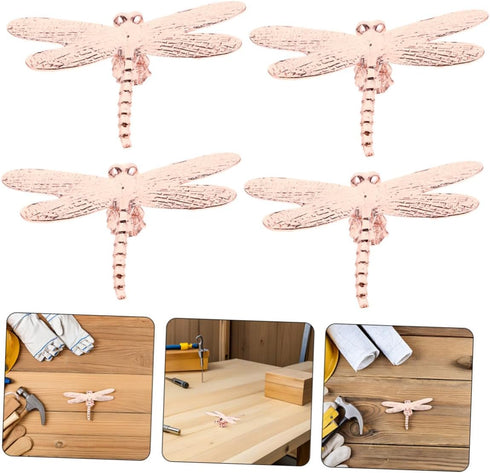 4pcs Set, OSALADI Pink Dragonfly Cabinet Knobs Vintage Zinc Alloy Dresser Drawer Handles for Cupboards, Wardrobes