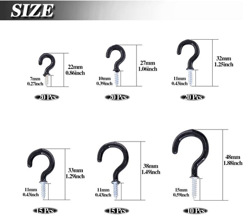 Swpeet 100Pcs Black Cup Hook Kit, Vinyl Coated Ceiling Screw Holder for Home