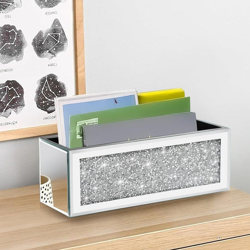 Mirrored Countertop Mail Organizer, Silver Crush Diamond Wall Mount Letter Holder, Desk Mail Storage Basket