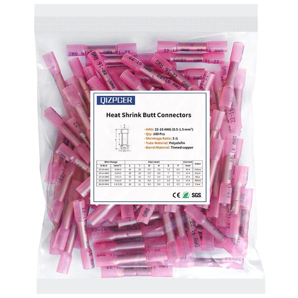 100 Pcs Red Heat Shrink Butt Connectors, 22-16 AWG Marine Grade Insulated Crimp Wire Connectors