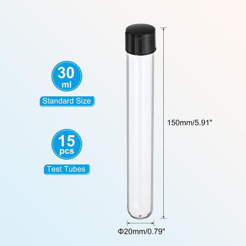 PATIKIL 30ml Test Tubes, 15pcs 5.91x0.79in Glass Clear Round Bottom Test Tube Containers with Plastic Cap for Bead Party Candy Bath Salt Storage Scientific Experiment Plant Propagation