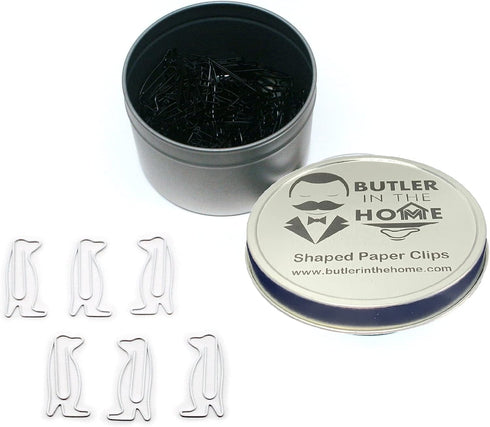 Butler in the Home Animal Penguin Shaped Paper Clips, 100 Count in Silver Tin