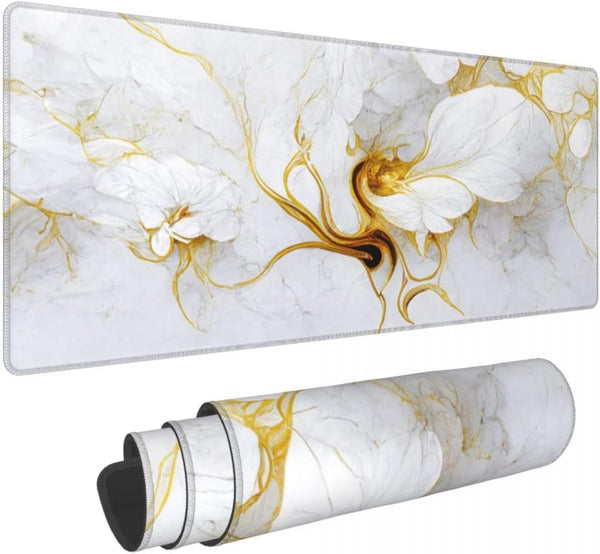 Office Home White Gold Marble Flower Desk Pad, 31.5"×11.8" Large Gaming Mouse Pad, Waterproof Thick Non-Slip