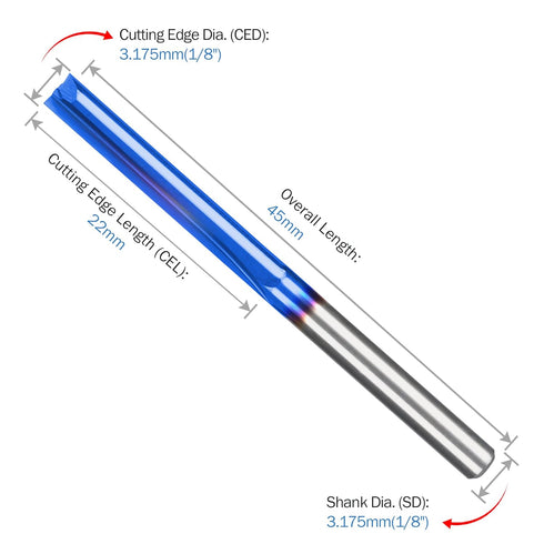 1/8 1 8 2-Flute 22mm CEL/45mm 10 Pack HQMaster CNC Router Bits Router Bit Straight Router Bit Shank Straight Flute End