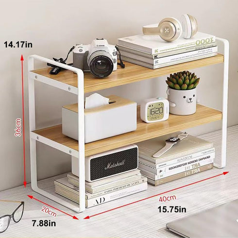 Desktop Organizer Shelf, 2-Tier Multipurpose Wood Office Desk Storage Rack,Small Computer Desk Bookshelf, Cubicle Decor Aesthetic Bookcase for Home Office (Wood+White) by Hbluefat