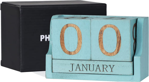 Wooden Desk Calendar Blocks, Perpetual Date Block for Teachers, Rustic Decoration, Small Home Desktop Decor (Ocean Blue)