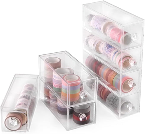 JforSJizT Clear Washi Tape Box Organizer, 4 Drawer Divider for Masking Tape, DIY Sticker Roll, Storage for Pens and More
