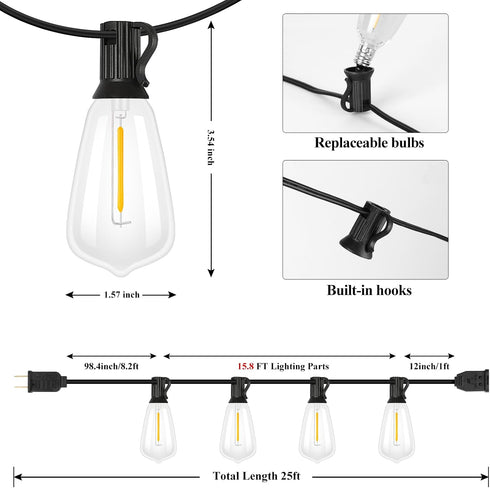 25FT 13 ST38 Bulbs (1 Dimmable Brightever Outdoor String Lights, Patio Lights with LED Edison Spare), Waterproof