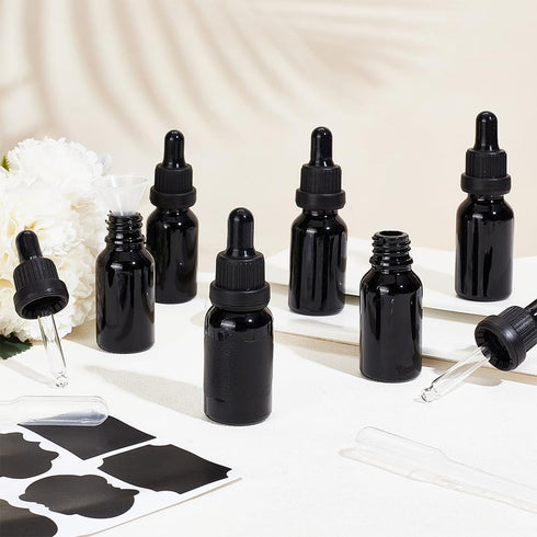 15 Packs 15ml BENECREAT Black Glass Dropper Bottle Vials Glass Eye Dropper Bottle with Labels, Plastic Hoppers