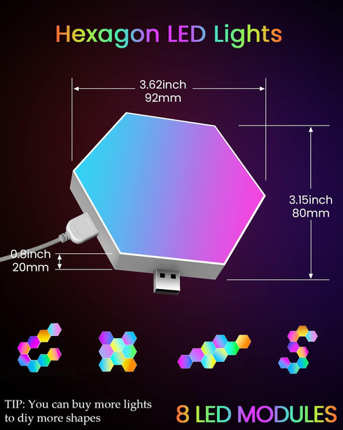 (8 Pack) TISOFU Hexagon Lights LED Wall Panels, RGB Gaming Lights with APP, Smart Modular Panel Hex Tiles Push Glide
