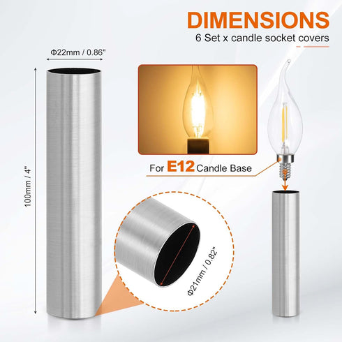 4" 6Pcs E12 Bulb PATIKIL Tall Candle Covers Sleeves, Metal Chandelier Socket Sleeves with Insulation Heat Shrinkable