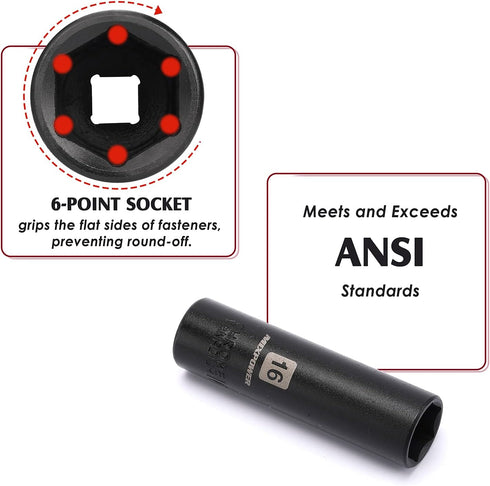 11-Piece 1/2-Inch Set, 6 10-24mm MIXPOWER Drive Deep Impact Socket CR-V, Metric, Point, Deep