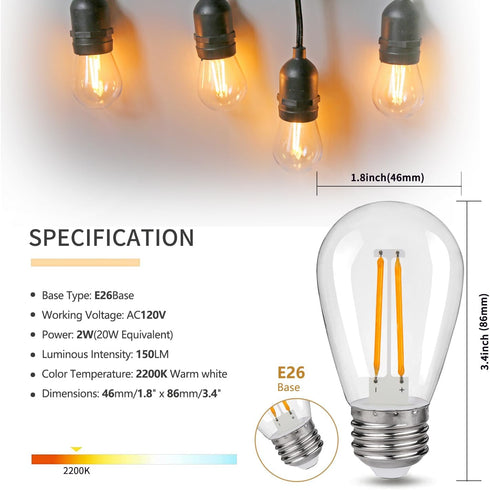 S14 Replacement LED Light Bulbs, Shatterproof & Waterproof 2W S14 LED Bulbs, Outdoor String Lights , E26 Base Patio Edison LED Light Bulbs, Warm White 2200K Plastic 150ML Non-Dimmable 15 Pack by Austin Coast