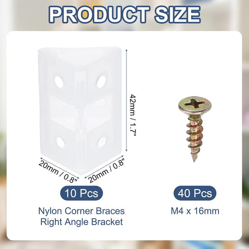 1.7"x0.8"x0.8" 10 PATIKIL Plastic Corner Braces, Pcs L-Shape Shelf Support Corner Brace Nylon Right Angle Brackets