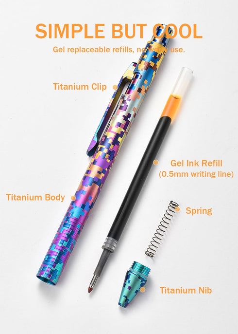 5 Origin-Joy Colorful Titanium Alloy Bolt Action Pen, Slim Lightweight EDC Pocket Tactical Pen, Portable Signature Pen