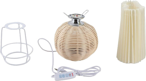 F&Yard Small Table Lamp Bedside Nightstand Mini Lamp, Rattan Pleated Aesthetic Vintage Lamp for Bedroom Living Room