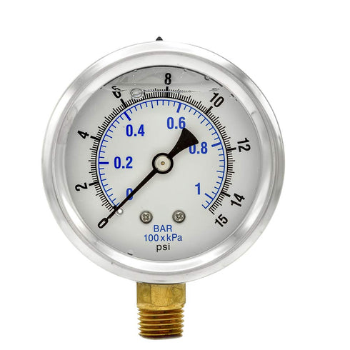 PIC Gauges PRO-201L-254B Bottom Mount Glycerin Filled Dual Scale Pressure Gauge, 2.5" Dial, 0-15 psi Range