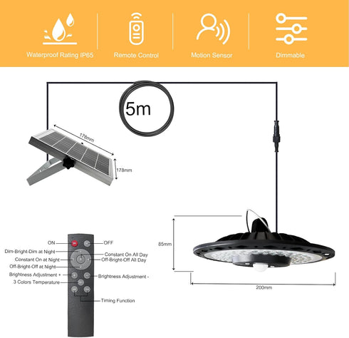 CREATESTAR 3000LM, Dimmable Solar Pendant UFO Light Gazebo Indoor Outdoor Motion Sensor Brightness Remote Control