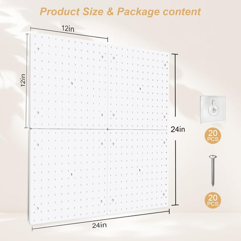 FZK Peg Board, 4 Pack Plastic Wall Organizer, White Pegboard, No Drilling Required, 24x24 inch for Craft Room
