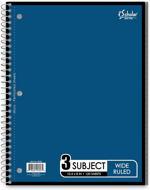 iScholar 3-Subject Wirebound Notebook, 120 Sheets, Wide Ruled, 10.5 x 8-Inches, Cover Color May Vary