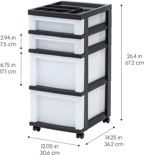 IRIS USA Plastic Drawer Storage Organizer Rolling Cart, 4-Drawers with Wheels for Classroom, Bathroom, Black/Pearl