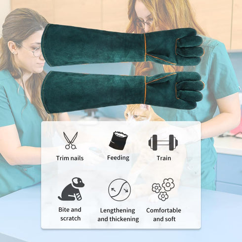 1 Pair Animal Handling Gloves, Bite Proof Leather Welding Gloves, 24.4in Reinforced with 2 Tweezers for Dog Training