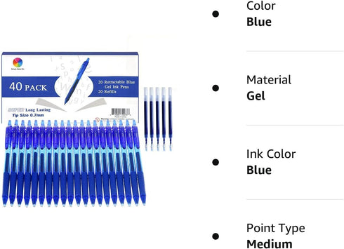 ChicRosa 40 Pack Blue Gel Pens, Retractable Medium Point for Smooth Writing, Comfort Grip for School Office Home