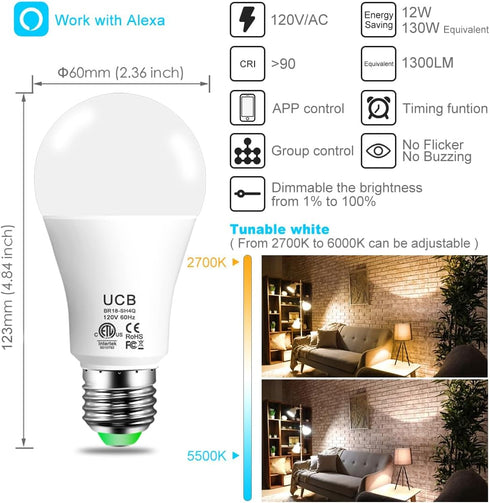 UCB Alexa Light Bulb 130W Equivalent, Smart light bulbs Warm White to Daylight Tunable, A19 E26 Bluetooth LED Bulbs Work with Alexa Only for Bedroom Kitchen Living Office No WiFi required 4 Pack by UCB