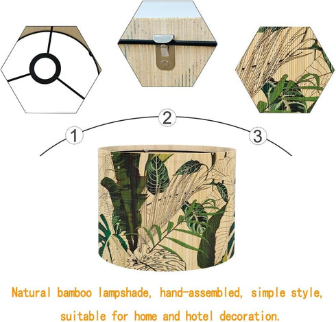 Yxelume 11.8x9.05 Inch, Bamboo Lampshade, Cylindrical, Translucent Bucket Design, Tropical Green Plants Pattern