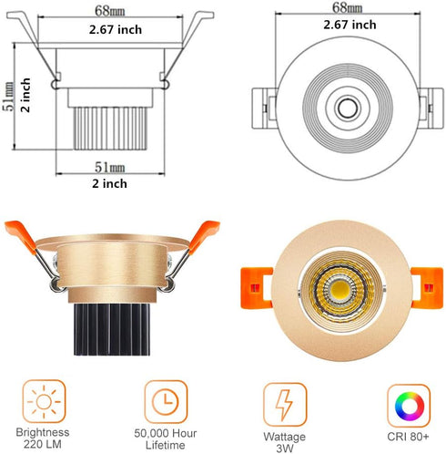2inch Dimmable 3W 3000K-3500K, CRI80, 25W Bulbs (4Pack) LightingWill LED Downlight, COB Recessed Ceiling Light, Warm