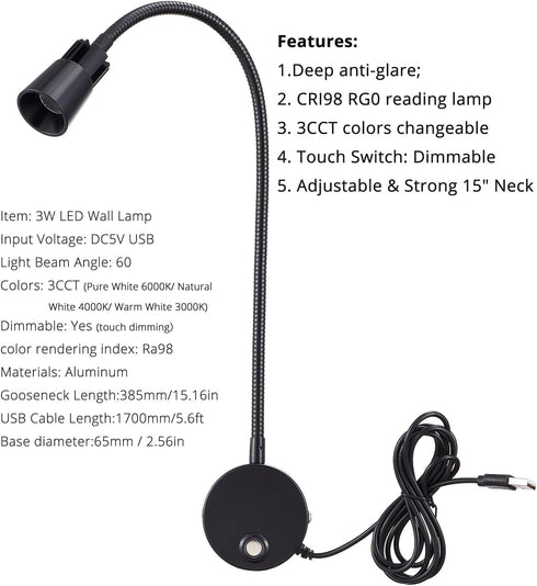 5V Dimmable 6000K 4000K 3000K 15" 1-Pack USB Wall Mounted Bedside Reading Lamp Colors Change Wall Sconce Aluminum Black