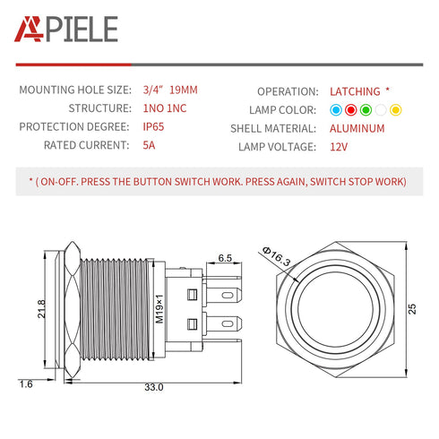 APIELE 19mm Latching Push Button Switch 12V DC with Blue LED/Black Shell, 0.74" 1NO1NC SPDT & Wire Socket Plug