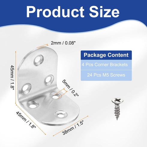 4pcs 1.8" 1.8" 1.5" 90 24 HARFINGTON L-Shaped Corner Bracket x x Stainless Steel Degree Angle Brace Joint Right Corner
