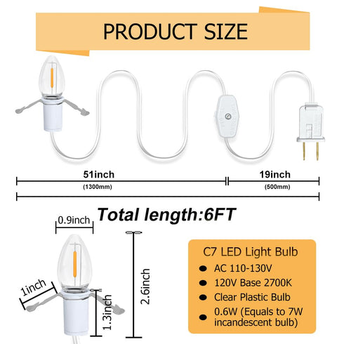 NETEHA 4 Pack 6Ft C7 Bulbs, E12 White Accessory Cord with LED Socket Lamp Cord with On/Off Switch for Christmas Village