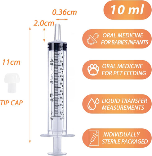 10mL Syringe for Liquid, Food, Oral, Scientific Labs, Measurement, Dispensing, 3 Pack with Press-In Adapter, Big Tip