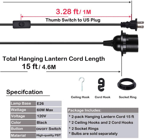 2-Pack 15 E26 E27 HESSION Feet Plug in Pendant Light, Black Extension Hanging Lantern Cord Cable with in-Line On/Off